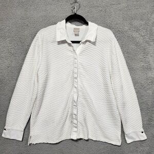Chicos White Long Sleeve Button Up Shirt Size 3 Ribbed Textured Stretch Comfort‎